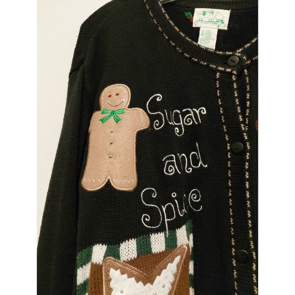 Quacker Factory Vintage Novelty Gingerbread Holiday Cardigan Black 2X - Picture 2 of 8